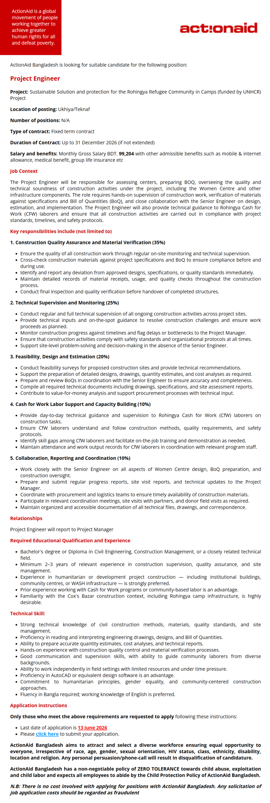 ActionAid Bangladesh Job Circular 2026