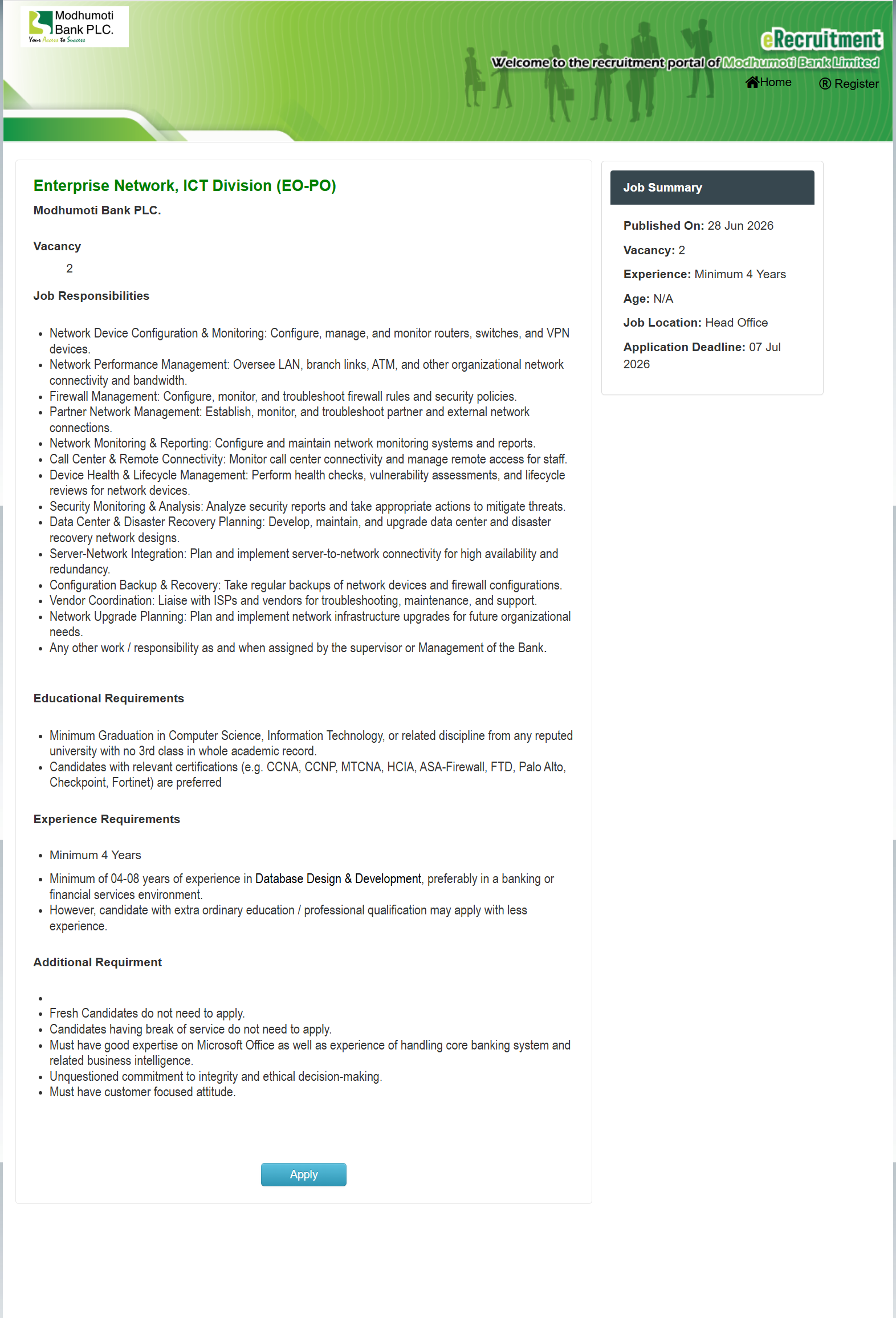 Modhumoti Bank PLC Job Circular 2026